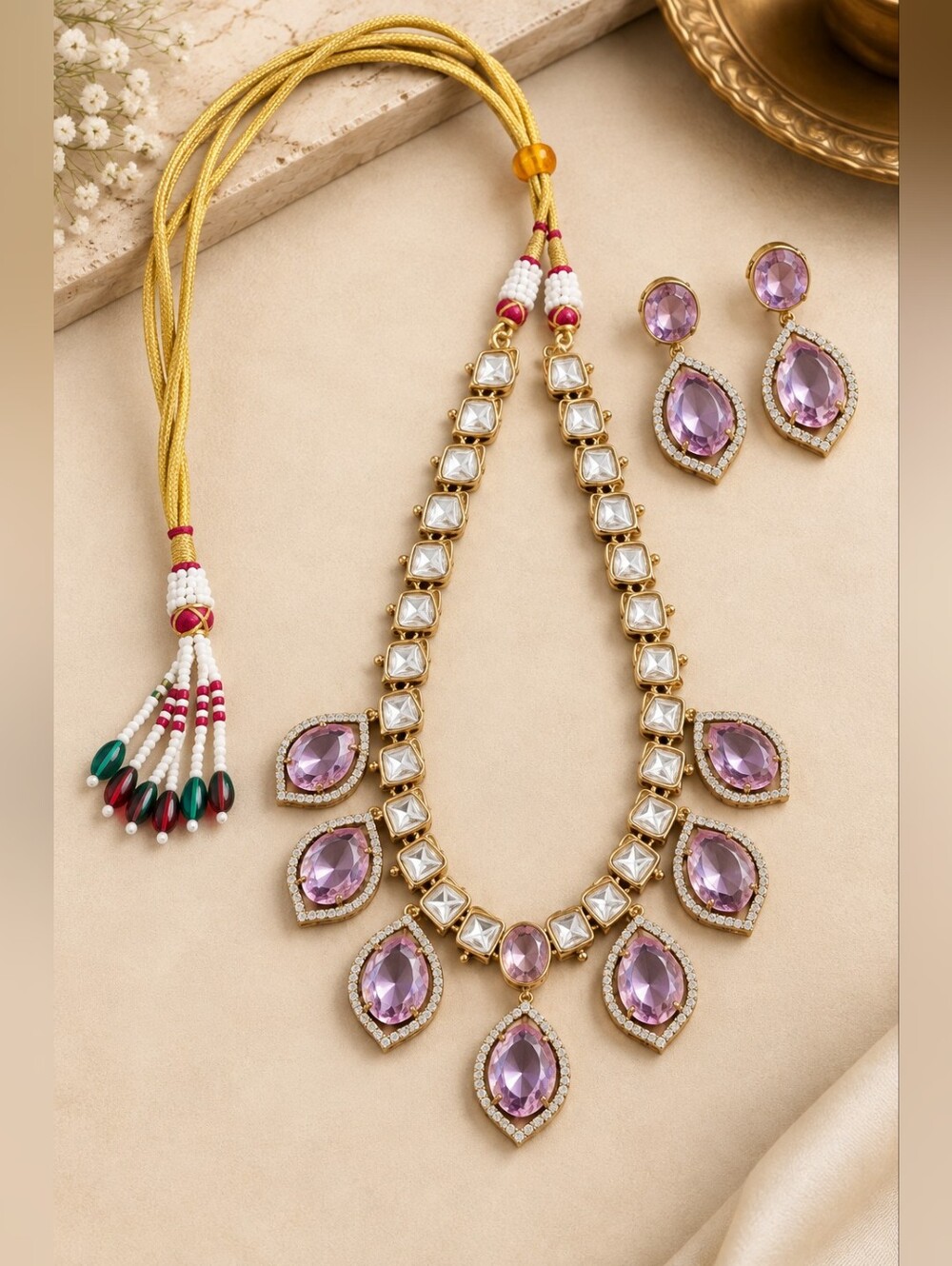 Pink American Diamond Necklace & Earring Set